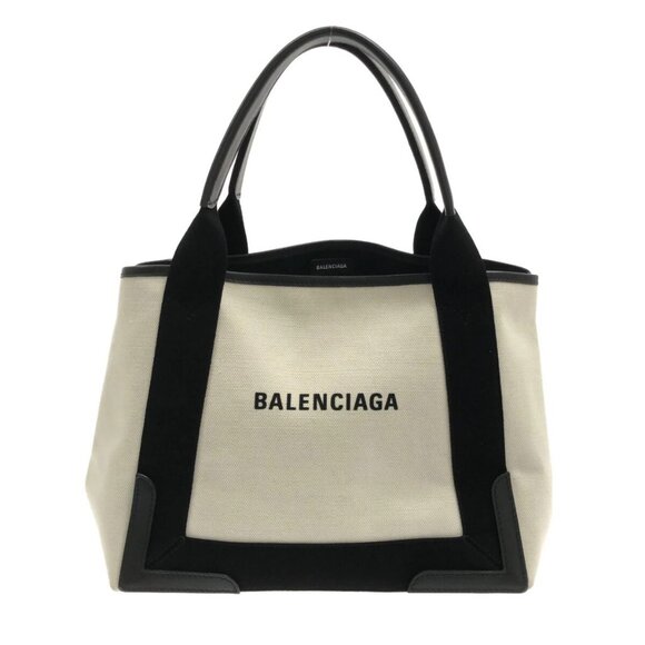 Auth BALENCIAGA Navy Cabas S 339933 Cream Black Canvas Leather Tote Bag - Picture 1 of 15